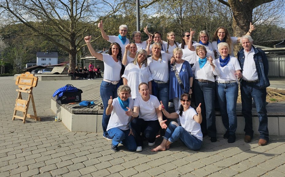 Eine Gruppe von Linedance-Tänzerinnen und -Tänzern steht nebeneinander und posiert für ein gemeinsames Foto.